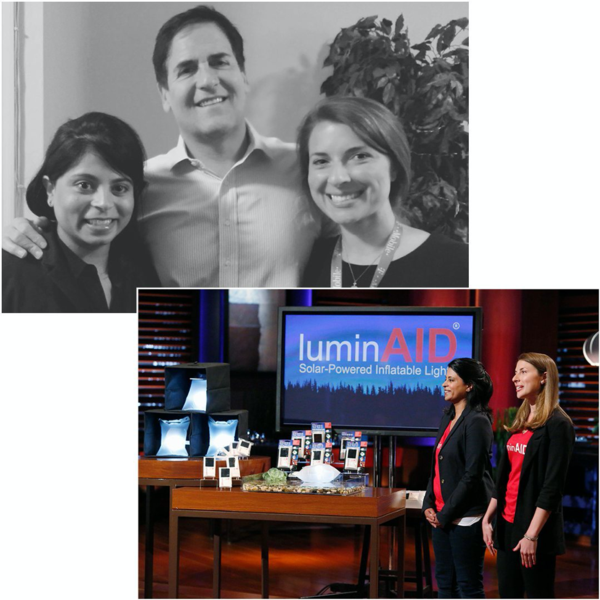 LuminAID’s co-founders Andrea and Anna with their Shark Tank investor Mark Cuban.