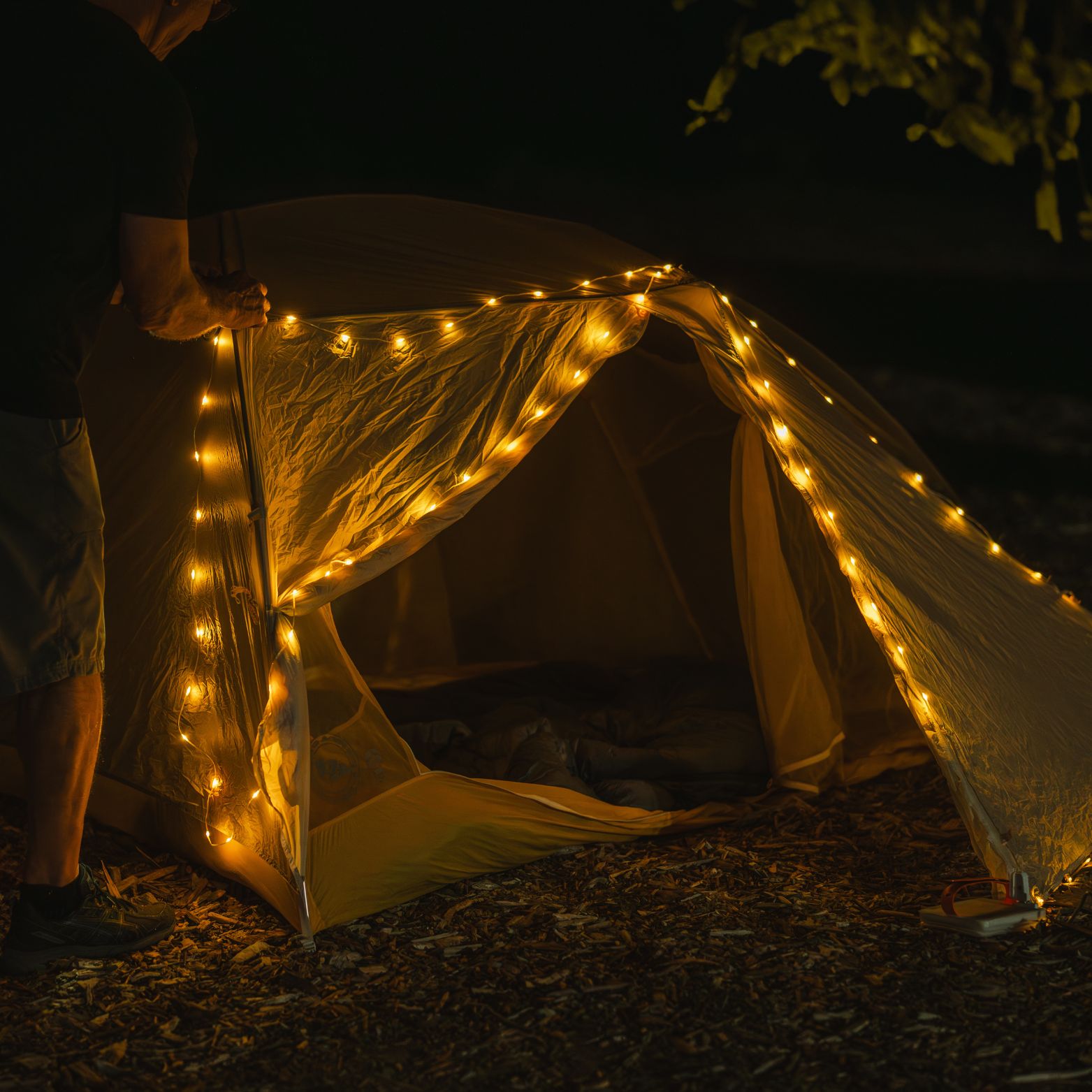 Solar string light outside a tent