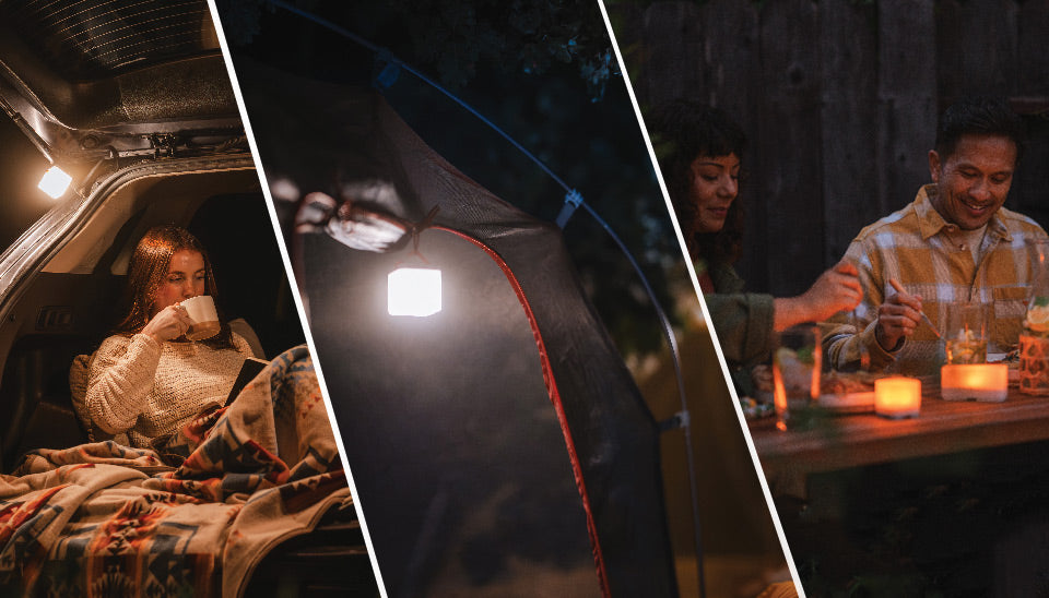 Trio in use in different environments: car camping, camping, dinnertime