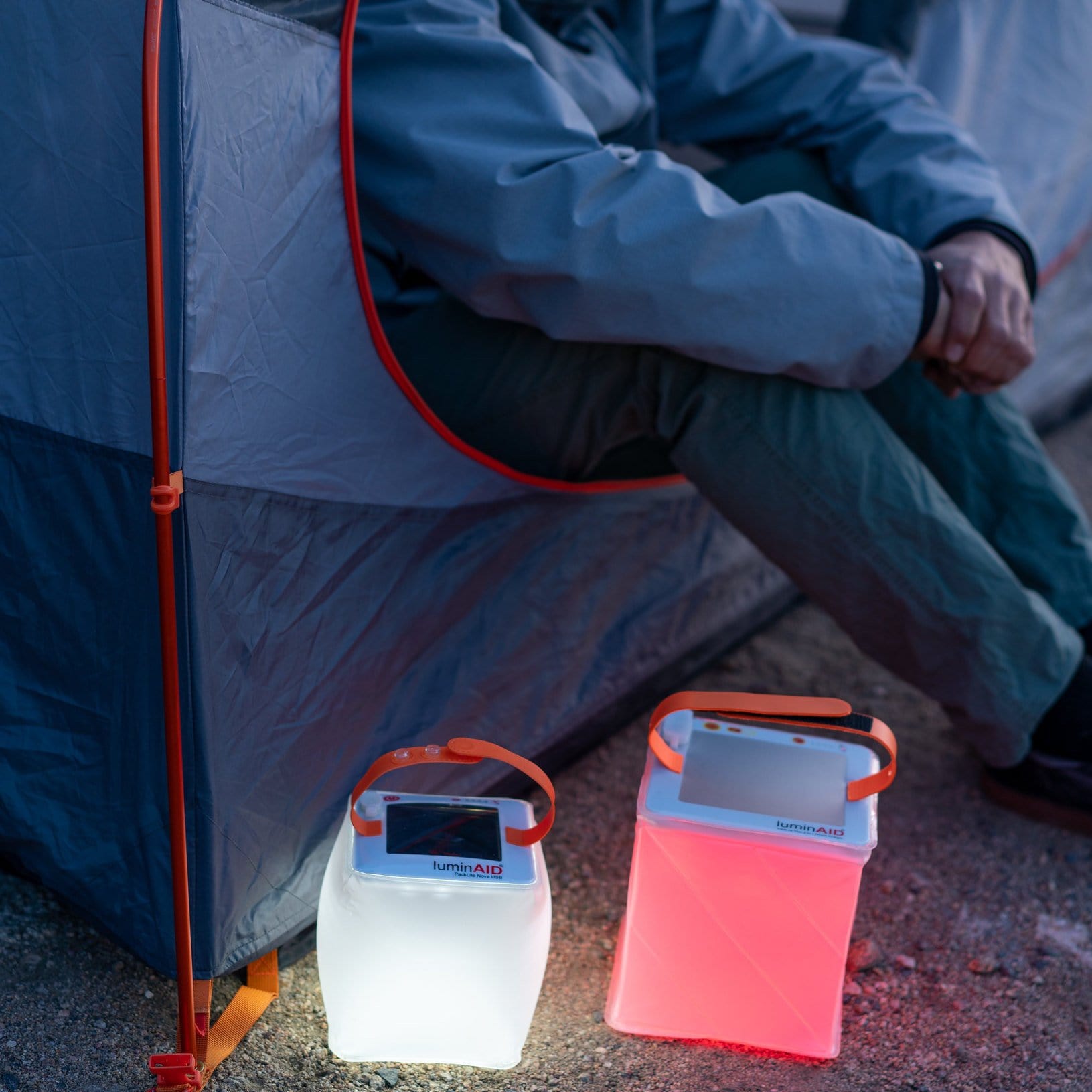 Titan and nova outside a camping tent.
