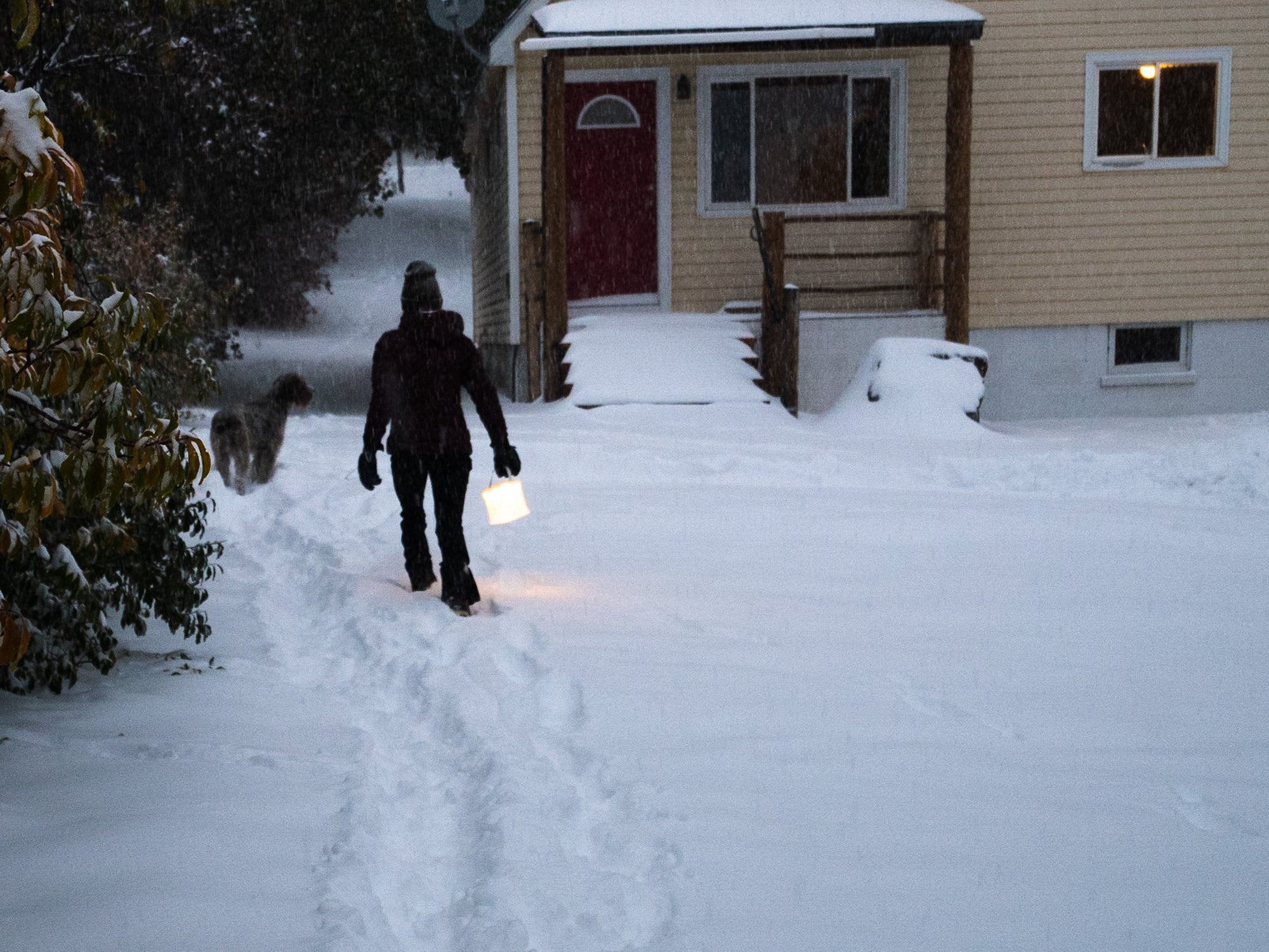 Person walking through the snow outside of a home. Source: Kati Whelan