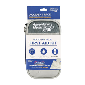 Adventure Medical Kits Accident Pack First Aid Kit in a gray zippered pouch with a blue and white retail header card, shown on a plain white background.