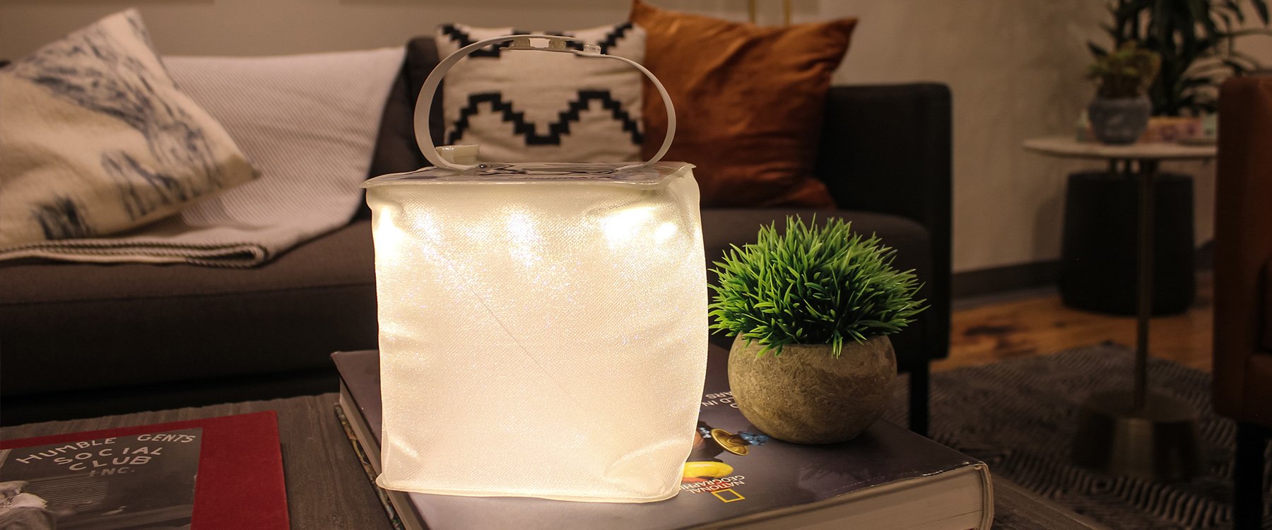 Cozy firefly lantern in living room.