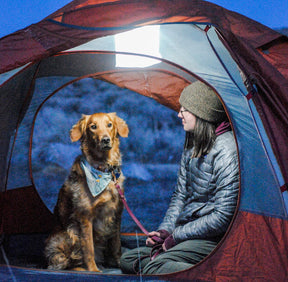 Woman and dog in a tent