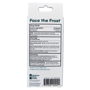 The back of packaging on white background for the Adventure Ready Face the Frost. The back of the pack has drug facts, use, warnings, directions, and active ingredients. It also notes paraben free, PABA free, fragrance free, and non-nano zinc. Additionally, the company information is available and the UPC barcode is visible.