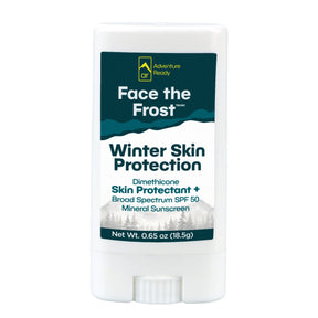 The Face the Frost product in tube, with cap on, on white background. The label on the cap notes the brand logo, product name, it is for winter skin protection, has Dimethicone for Skin Protectant + Broad Spectrum SPF 50 Mineral Sunscreen. The product as a Net Weight of 0.65oz (18.5g).