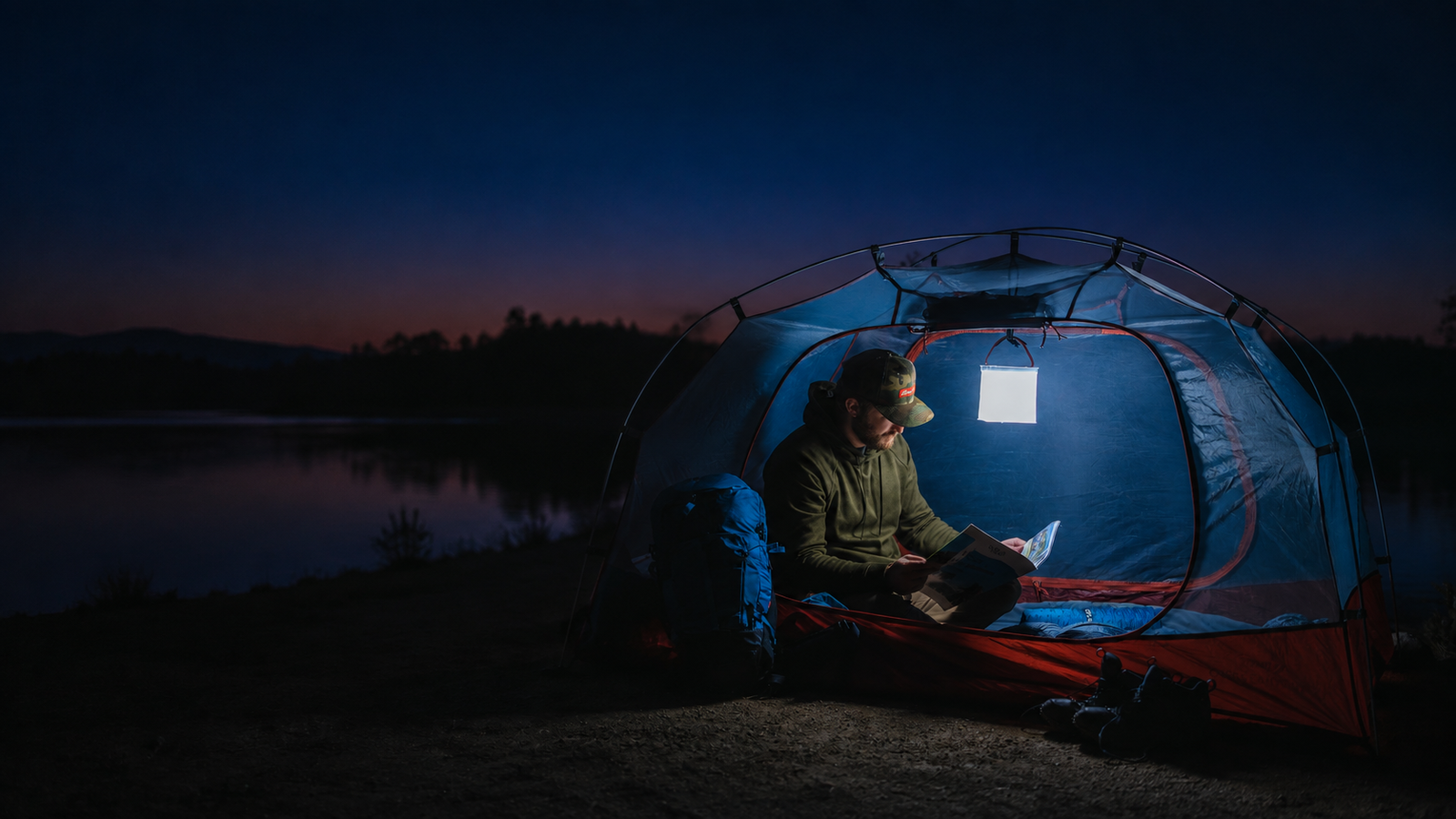 A person sits inside a glowing blue camping tent at dusk by a lake, reading a book. The tent is illuminated from within, with a backpack and camping gear visible on the ground beside it.