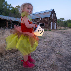 Child in halloween costume holding light.