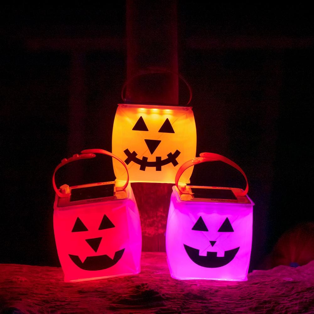 Cool jack o lanterns in orange, red, and purple.